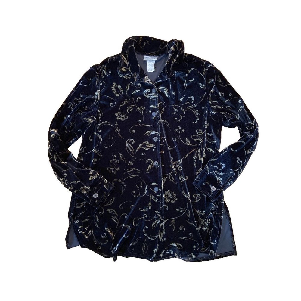 Vintage Kathie Lee Collection Velvet Button Up Top woman Size Large Black loose